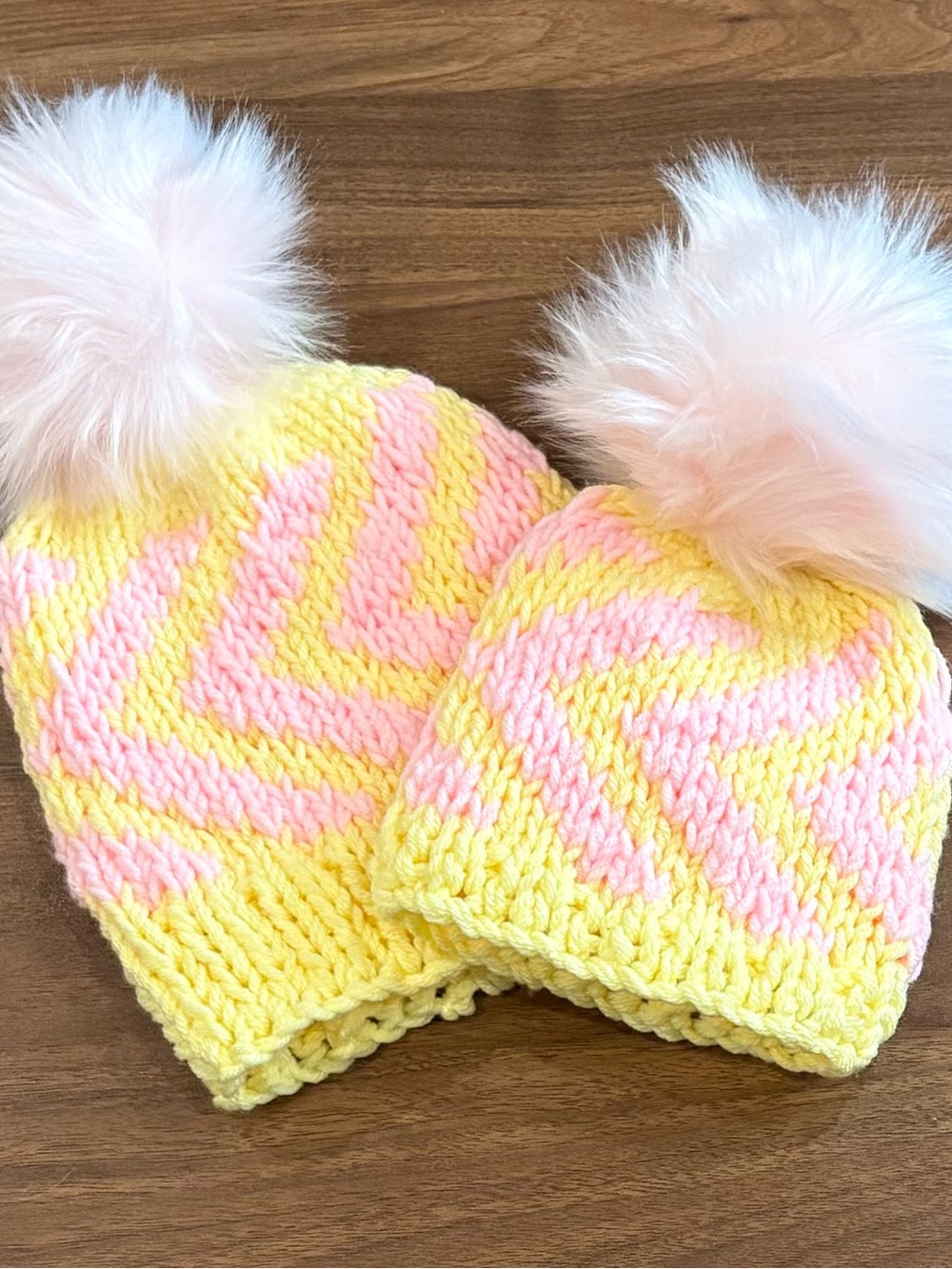 New! Mama and Me Yellow & Pink Chevron Knit Beanie with Faux Fur Pom